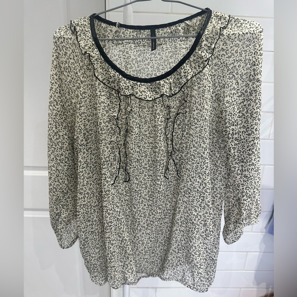 NAF NAF Paris Blouse– Size 40 
Sheer | Ruffle Detail | Black & White Abstract